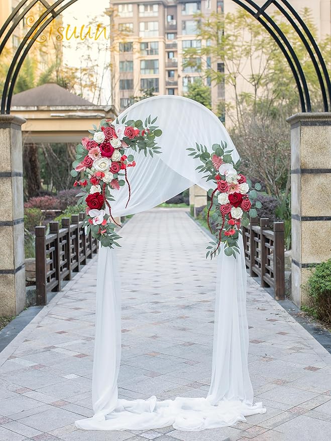 Lisuun Wedding Arch Flowers, Artificial Flowers for Decoration, 2pcs Flower Swag and 1 pcs Semi-Sheer Chiffon Table Runner Swag for Beautiful Dream Wedding Ceremony Floral Decor - Pack of 3