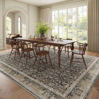 Washable 9x12 Area Rugs for Living Room, Boho Non-Slip Vintage Distress Lager Rugs for Bedroom Dining Room Nursery Office, 0.3" Neutral Oriental Throw Thin Carpet, Black/Brown/Blue/Multi