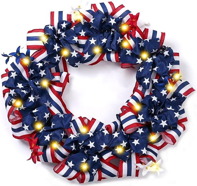 DecorbyHannah Patriotic Wreath for Front Door, 24 inch Large 4th of July Wreaths with Lights, Collapsible Red White Blue Burlap Bow Farmhouse Wreath Decorations for USA 250th Holiday