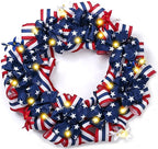 DecorbyHannah Patriotic Wreath for Front Door, 24 inch Large 4th of July Wreaths with Lights, Collapsible Red White Blue Burlap Bow Farmhouse Wreath Decorations for USA 250th Holiday