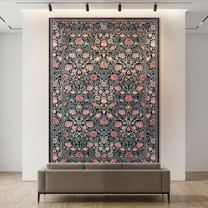 GarveeHome Indigo Blue and Pink Vintage Floral Washable 8x10 Area Rugs for Living Room Boho Retro Rug Low Pile Stain Resistance Non Slip Carpet for Bedroom Nursery Dining Room