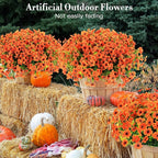24 Bundles Fall Flowers Artificial for Halloween Decoration Outdoors, Fake Plants Autumn, Mums Daisy Eucalyptus Realistic UV Resistant for Garden Patio Porch Home Decor, Orange
