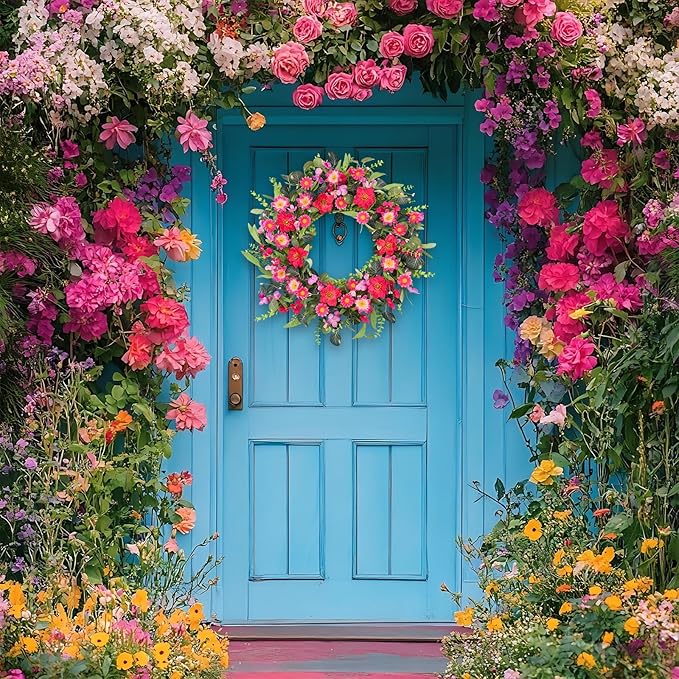 24 Inch Large Spring Summer Front Door Wreaths, Artificial Eucalyptus Daisy Wreath with Pink Red Flowers, Rustic Farmhouse Wreath for Porch Wall Window, Indoor Outdoor All Season Home Decor