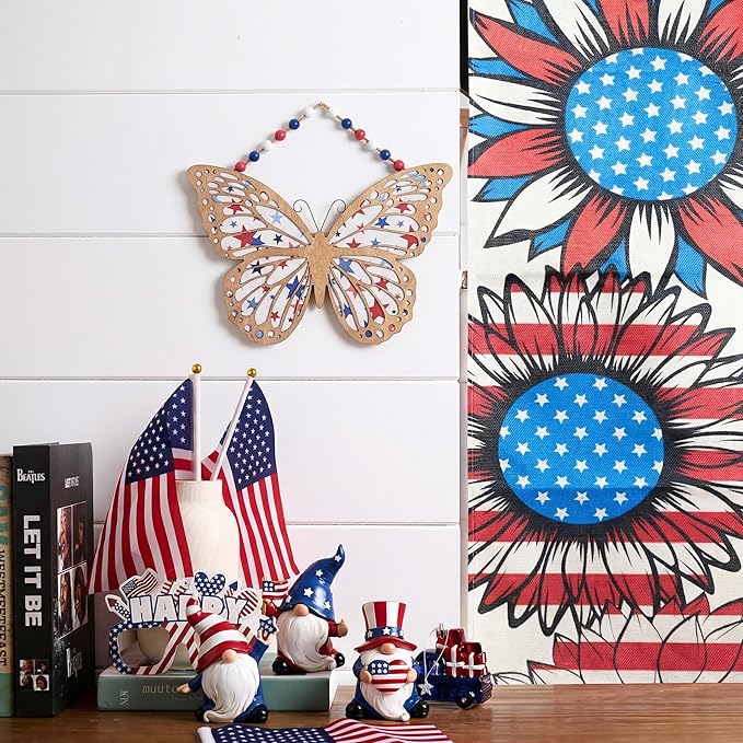 Valery Madelyn 4th of July Wreath, Patriotic Wreath for Front Door, Red White and Blue Butterfly Decor, Wooden Americana Sign for 4th of July Independence Day USA 250th Anniversary, 16 Inch