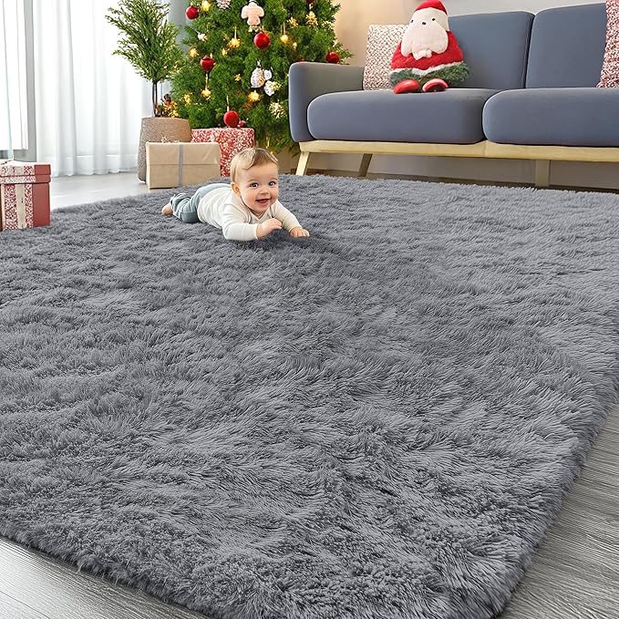 OLANLY 7x8 Machine Washable Large Area Rugs for Living Room, Bedroom, Soft Fluffy Shaggy Bedside Rug, Indoor Floor Carpet for Kids Girls and Boys, Dorms, Nursery, Home Decor Aesthetic, Light Grey