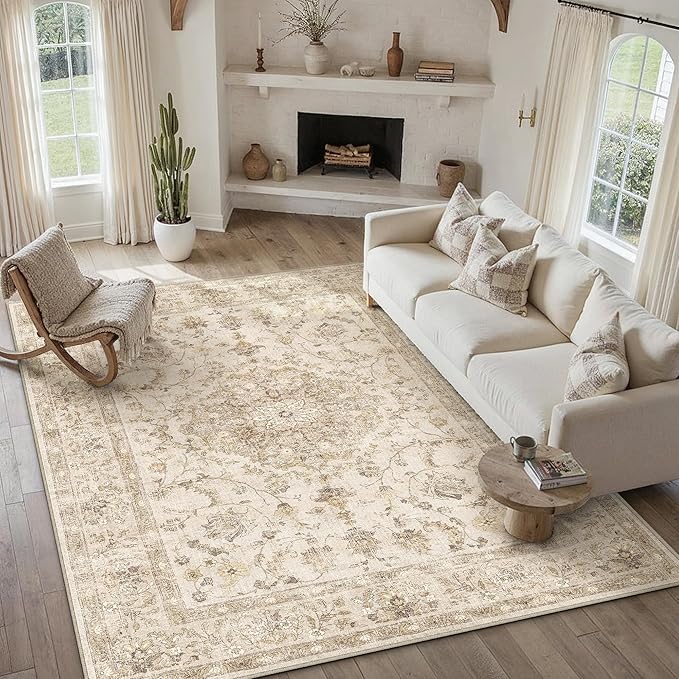 9x12 Beige Area Rug Washable Living Room Vintage Carpet Bedroom Distressed Large Non Slip Low Pile Thin Dining Room Office Medallion Accent Throw Rug