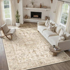 9x12 Beige Area Rug Washable Living Room Vintage Carpet Bedroom Distressed Large Non Slip Low Pile Thin Dining Room Office Medallion Accent Throw Rug