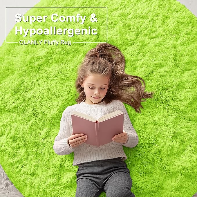 OLANLY Lime Green Round Rugs for Bedroom - Machine Washable, 6 ft Circle Area Rugs for Living Room, Soft and Fluffy Shaggy Carpet for Teen Girl and Boys, Nursery Rooms, Dorms, Home Decor Aesthetic