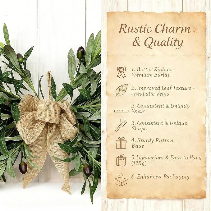26" Farmhouse Olive Leaf Greenery Swag with Premium Burlap Bow, Realistic Faux Olive Branch Door Decor for Front Door, Wall, Mantel, Table, Kitchen, Bathroom, Weddings & Seasonal Styling, Green 2Pcs
