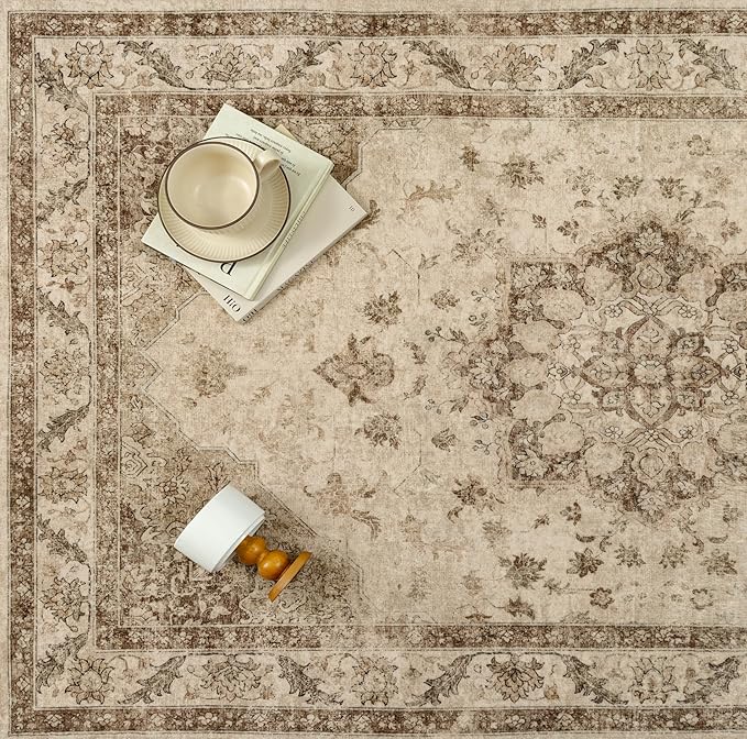 Brown Area Rug 9x12 Washable Vintage Carpet for Living Room Bedroom Large Soft Retro Low Pile Thin Indoor Rug Non Slip Oriental Medallion Floor Cover for Dining Room Office