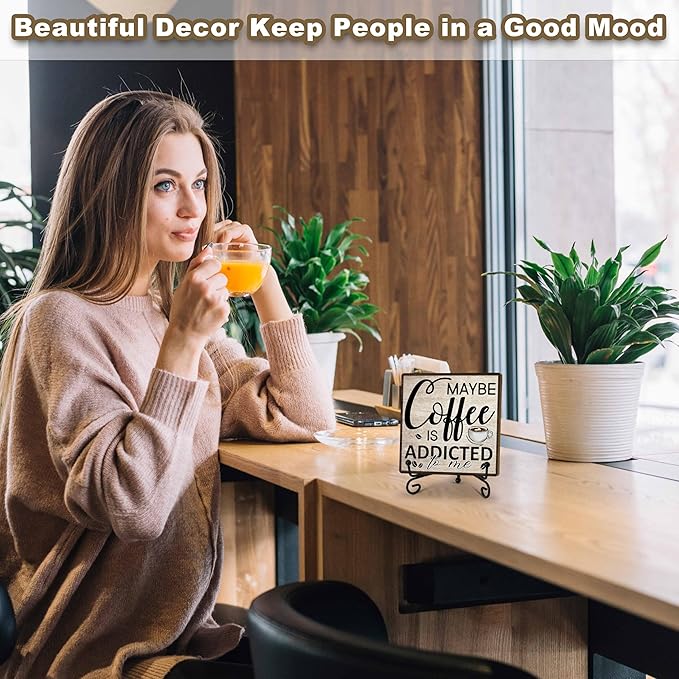 Coffee Bar Decor Sign, Coffee Is Addicted, Funny Farmhouse Home Wooden Plaque with Iron Stand, Cafe Station Decor for Coner-A14