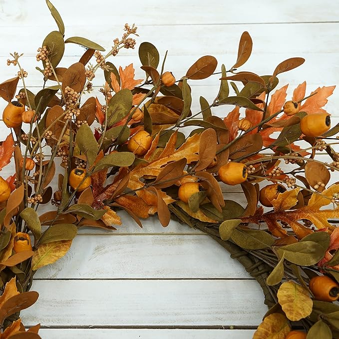 WreathDream 20'' Fall Wreath Autumn Wreath for Front Door with Small Pumpkins and Oak Leaves for Thanksgiving Halloween Home Outdoor Farmhouse Porch Wall Window Decoration,Brown Gift Box Included