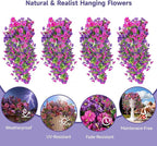 Artificial Hanging Flowers for Outdoors, 4 PCS UV Resistant Faux Plants Silk Realistic 150 Morning Glory Each Vines, Fake Plastic Floral for Garden Patio Spring Summer Decor, Fuchsia & LightPurple