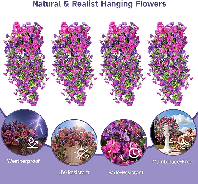 Artificial Hanging Flowers for Outdoors, 4 PCS UV Resistant Faux Plants Silk Realistic 150 Morning Glory Each Vines, Fake Plastic Floral for Garden Patio Spring Summer Decor, Fuchsia & LightPurple