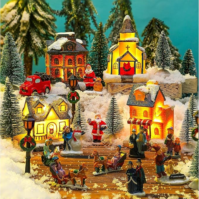 Wettarn 26 Pcs LED Christmas Villages Houses Sets Xmas Figurines Decoration Lighted LED Christmas Village Houses Building Collectible Home Decoration Xmas Gifts Indoor Room Decor