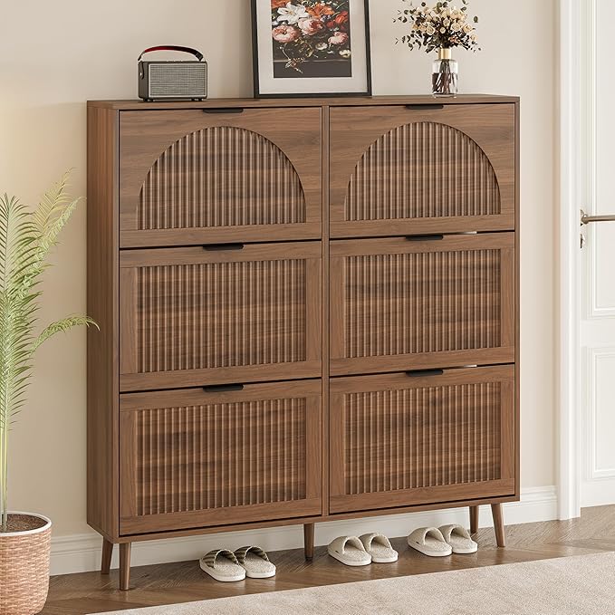 Shoe Cabinet for Entryway with 6 Flip Drawers, Slim Wooden Shoe Storage Organizer with Modern Fluted Pannel，Freestanding Narrow Hidden Shoe Rack for Hallway, Foyer, Living Room