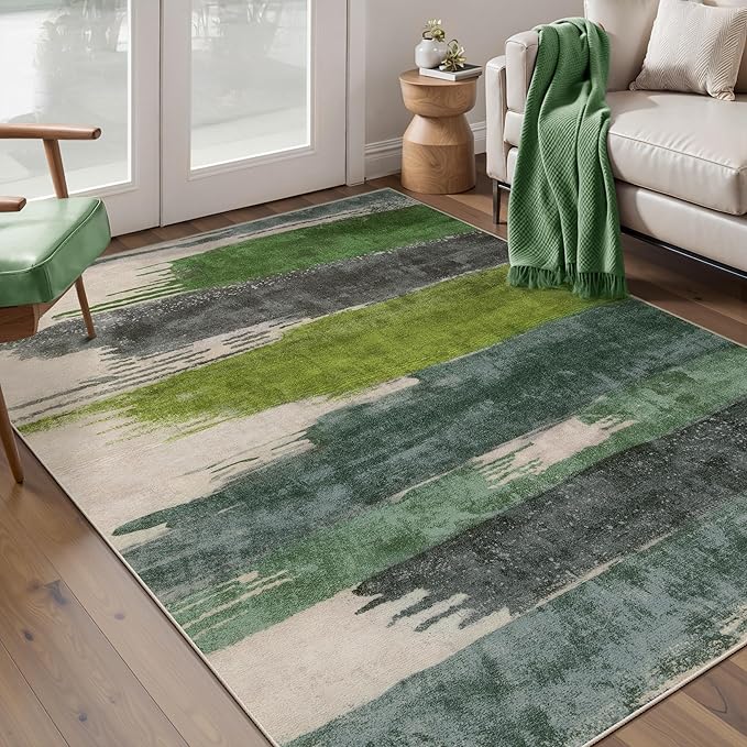 Ciicool Abstract Area Rug Indoor, 3x5 Washable Entryway Rug, Modern Soft Throw Entry Rug with Non-Slip Backing for Bedroom Living Room Entrance Kitchen, Low-Pile Floor Carpet Doormat Green
