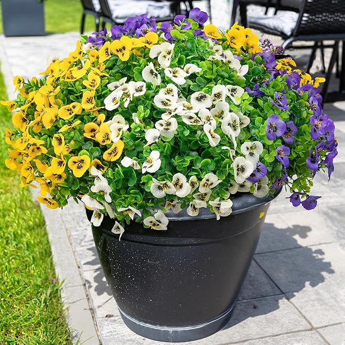 12 Bundles Artificial Fake Pansy Flowers for Outdoor - Yellow, White & Purple Faux Pansies Flowers, Fake Flowers for Outdoor Planters, Porch, Garden, Window Boxes, and Home Decoration
