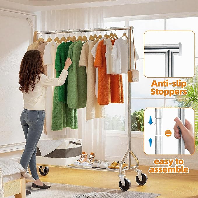 Heavy Duty Rolling Clothes Rack with Wheels and Shelves, 450 lbs Capacity, Portable Garment Rack for Hanging Clothes, Standing Wardrobe for Closet, Bedroom, Commercial Use, Chrome
