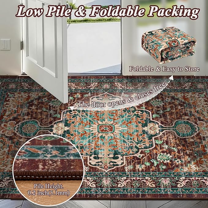 U'Artlines 2x3 Washable Boho Area Rug, Small Non Slip Vintage Doormat for Indoor Front Door Ultra Thin Mat Carpet for Entryway Kitchen Bathroom Bedroom Rust＆Teal