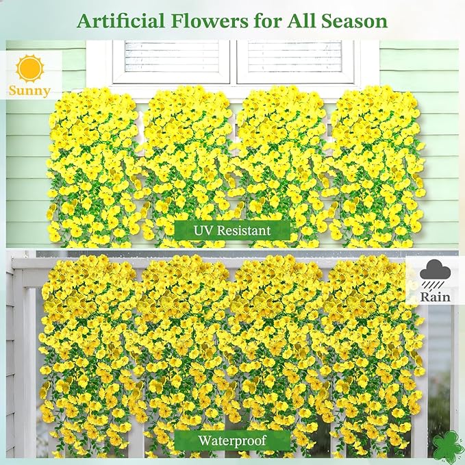 Artificial Hanging Flowers for Outdoors, 6 PCS Silk Morning Glory Artificial Flowers with Eucalyptus Leaves, UV Resistant Fake Flower Realistic Faux Plants for Home Patio Porch Garden Decor, Yellow
