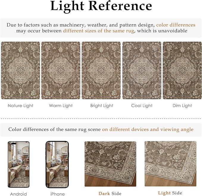 8x10 Area Rug Brown Washable Living Room Vintage Carpet Bedroom Large Non Slip Soft Low Pile Soft Thin Dining Room Office Accent Throw Rug