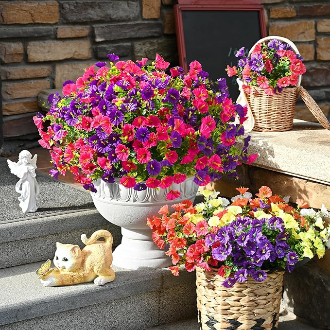 Waipfaru Artificial Flowers for Outdoors, 24 Bundles Faux Plants Outdoor, UV Resistant Artificial Plants Outdoor, Silk Petunias Fake Flowers for Outside Home Decor Planter Porch Decoration, Mix Color