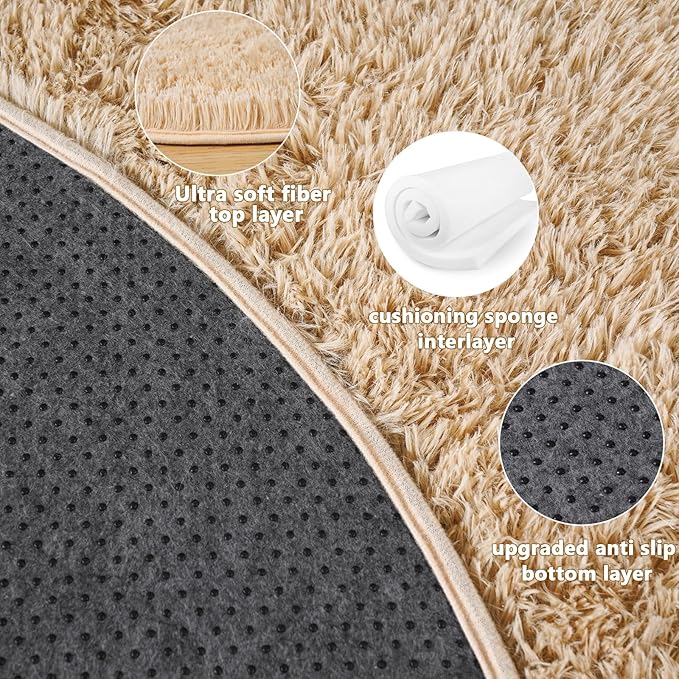 3'x3' Beige Round Rug for Bedroom, Ultra Soft Fluffy Circle Rug for Kids Girls Boys Room, Cute Small Shag Rugs for Living Room Playroom Tent Castle Home Decor Rug