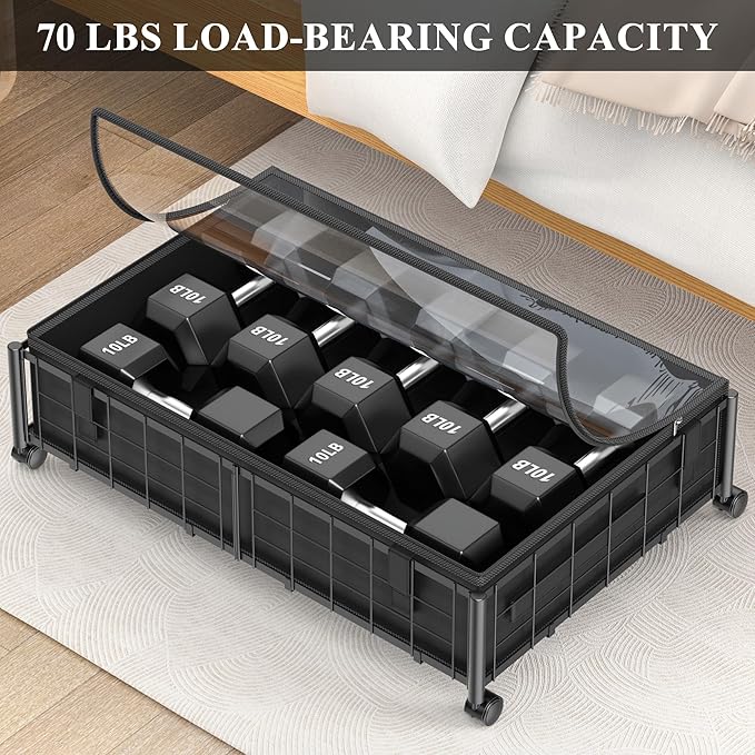 Under Bed Storage with Wheels and Storage Bag, 360° Rolling Under Bed Metal Drawers for Clothes, Blankets, Books and Shoes,Black， 2pack