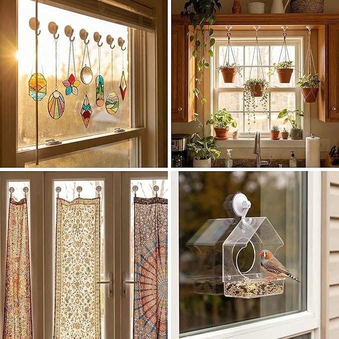 Powerful Suction Cup Hooks, 2-Pack Vacuum Wreath Hanger for Glass Door & Window, 20 lbs Large Waterproof Towel Hooks for Bathroom Shower, Removable No-Drill Utility Hooks, Cream