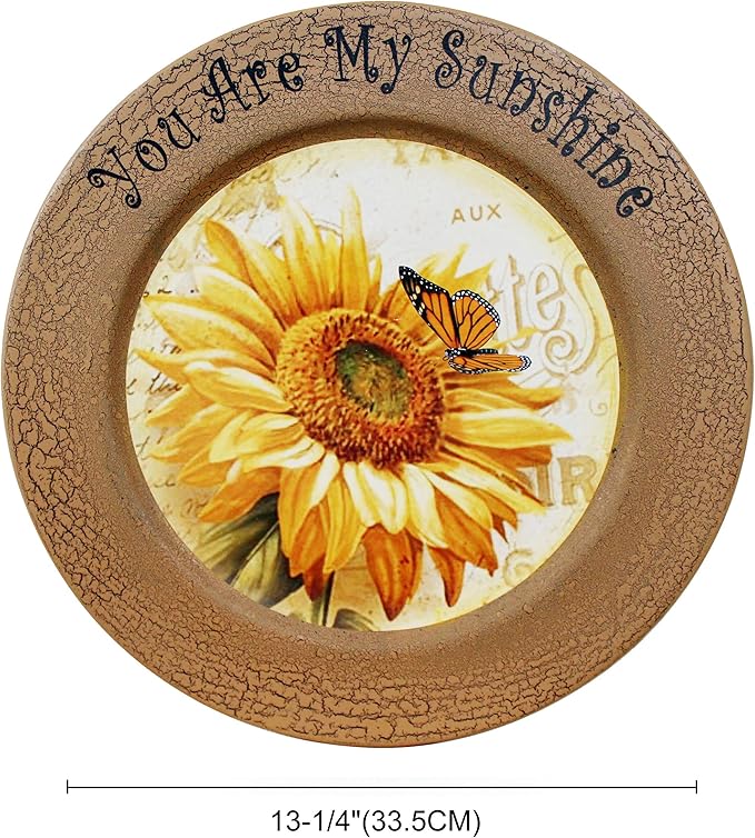 CVHOMEDECO. Sunflower Decorative Plate Primitives Round Crackled Display Wooden Plate Home Décor Art, 13-1/4 Inch