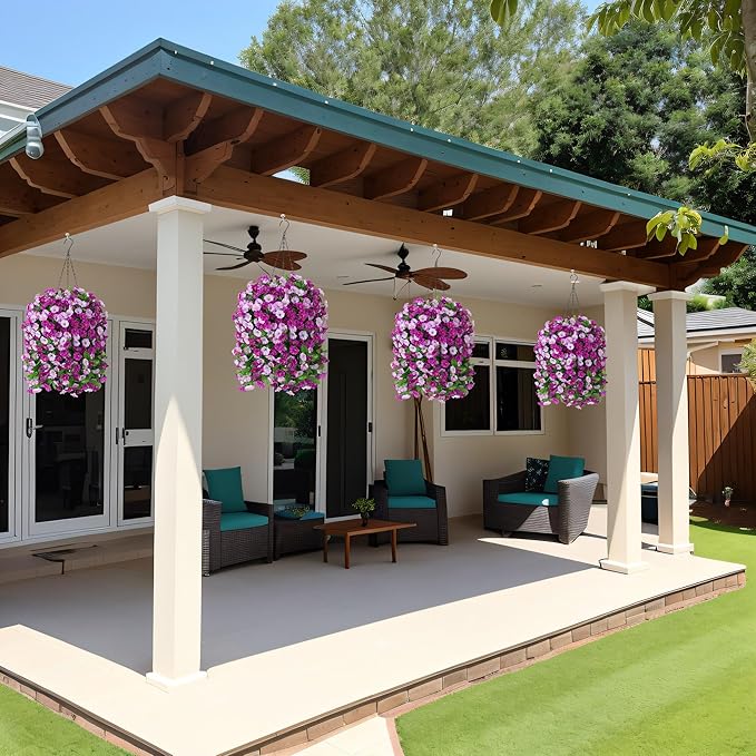 Artificial Flowers with Hanging Basket, Outdoor Faux Plants Silk Morning Glory Vines, Fake Green Arrangement for Garden Patio Spring Summer Decor(Darkorchid)