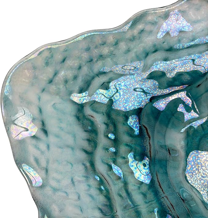 Things2Die4 Decorative Oyster Shaped Plate, 13 X 10 Inch Iridescent Sea Blue Glass Decorative Plate for Coastal Tabletop Display, Nautical Accent Dish for Entryway or Living Room