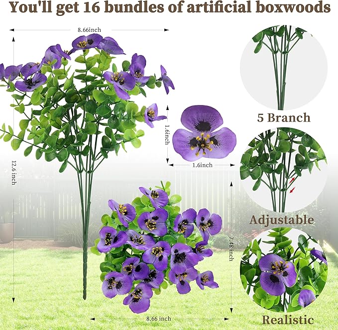 16 Bundles Artificial Fake Pansy Flowers for Outdoor - Yellow, White，Sunset red & Purple Faux Pansies Flowers, Fake Flowers for Outdoor Planters, Porch, Garden, Window Boxes, and Home Decoration