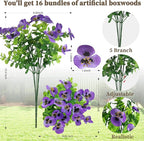 16 Bundles Artificial Fake Pansy Flowers for Outdoor - Yellow, White，Sunset red & Purple Faux Pansies Flowers, Fake Flowers for Outdoor Planters, Porch, Garden, Window Boxes, and Home Decoration