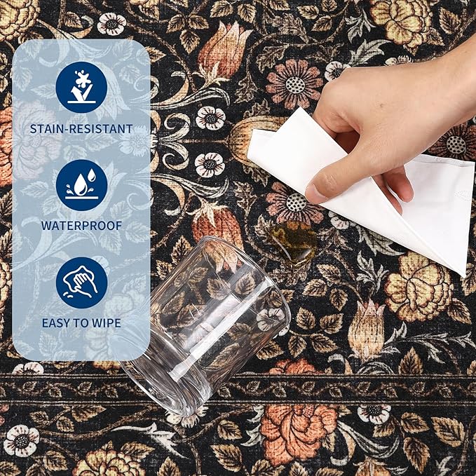 GarveeHome Brown Vintage Floral Washable 6x9 Area Rugs for Living Room Black Boho Botanical Retro Rug Low Pile Non Slip Carpet for Bedroom Nursery Dining Room