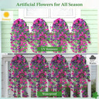 Artificial Hanging Flowers for Outdoors, 6 PCS Silk Morning Glory Artificial Flowers with Eucalyptus Leaves, UV Resistant Fake Flower Realistic Faux Plants for Home Patio Porch Garden, Purple+Fuchsia