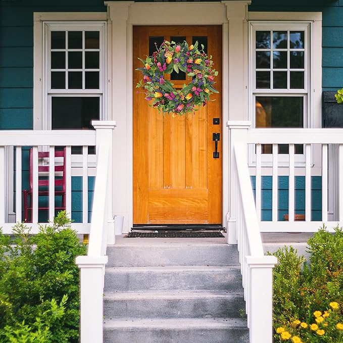 WreathDream 22 inch Spring Summer Wreath Tulip Wreath for Front Door with Purple Tassels, Eucalyptus Leaves, Ferns, Butterflies for Indoor Outdoor wall Festival Home Farmhouse Wedding Decor