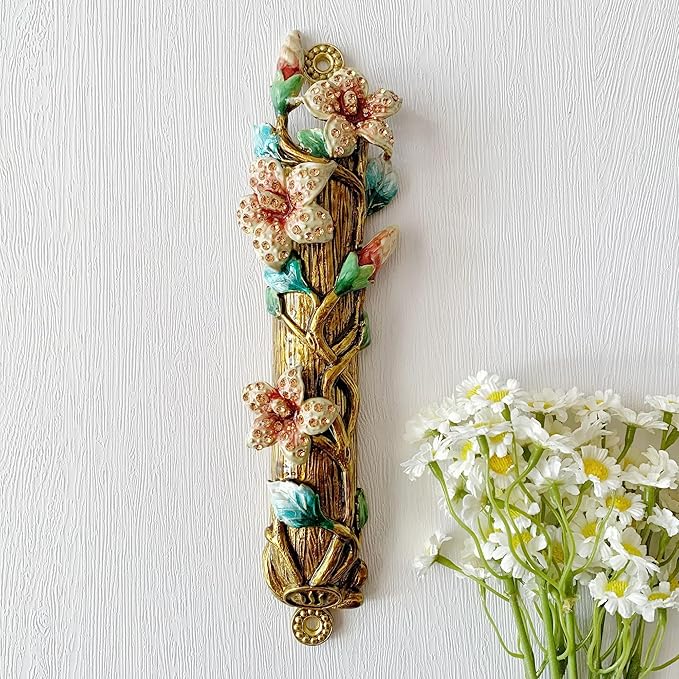 Hand-Painted Mezuzah, 9.5 Inches Large Mezuzah with Exquisite Enamel Design, Pomegranate Flower, and Scroll Included for Jewish Occasions