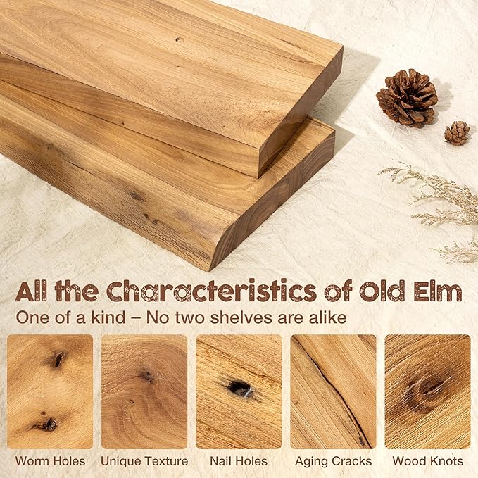 fuqing Floating Shelves for Wall, 20 inch Rustic Solid Elm Wood Floating Shelves, Wooden Wall Shelves with Invisible Heavy Duty Brackets for Living Room, Bedroom, Kitchen, Bathroom, 2 Pack, Natural