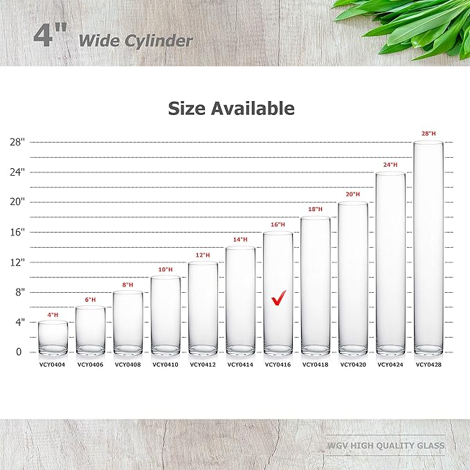 WGVI Quality Thick Weighted Tall Clear Cylinder Glass Vases, 4" W x 16" H, Flower Arrangement Floating Candle Holders Wedding Centerpieces Event Floral Container Home Decor, Bulk Wholesale, 6 Pcs
