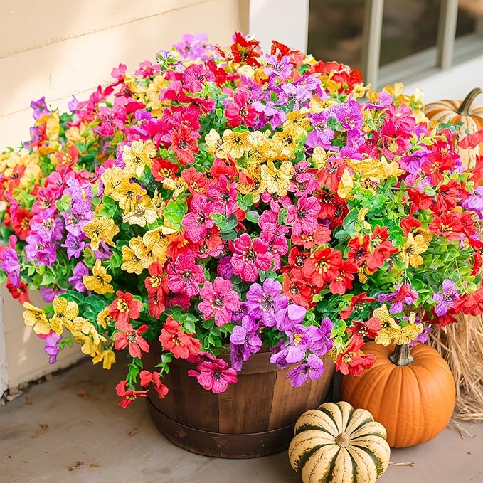 Artificial Flowers for Outdoors Daisy 12 Bundles for Home Decoration, Faux Flower Fake Plants Outside Decoration with Eucalyptus UV Resistant for Planter Porch Patio Yard Garden Colorful