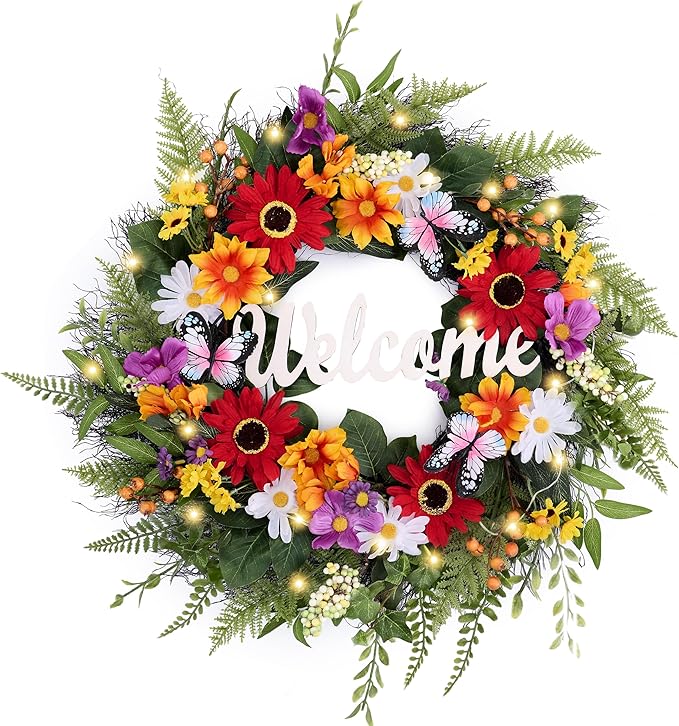 Valery Madelyn Spring Summer Wreaths for Front Door，Collapsible 24 Inch Door Wreath with Daisy Flower,Butterfly and “Welcome” Wood Sign Floral Wreath for Wedding, Wall, Home Decorations