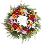 Valery Madelyn Spring Summer Wreaths for Front Door，Collapsible 24 Inch Door Wreath with Daisy Flower,Butterfly and “Welcome” Wood Sign Floral Wreath for Wedding, Wall, Home Decorations