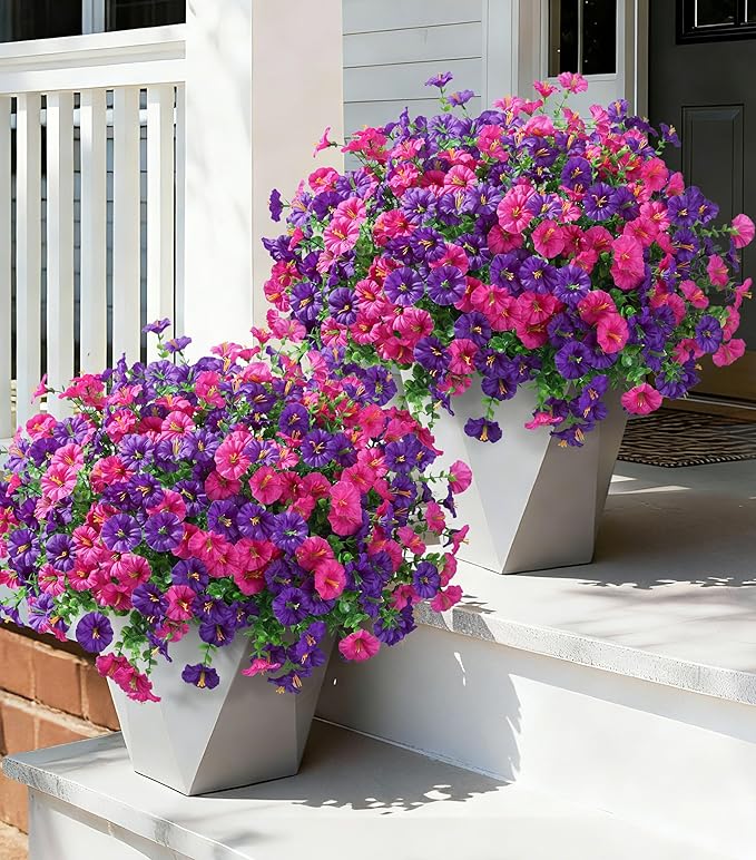 Ivydale 24 Bundles Artificial Flowers for Outdoors Spring Summer Porch Decor, Faux Petunias Plants Outdoor Realistic UV Resistant Silk Flowers for Outside Planters Patio Window Garden Yard Home