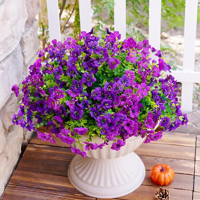 Artificial Faux Flowers Plants for Outdoors Outside Spring Summer Decoration,12 Bundles Realistic Fake Flowers Plant Greenery Silk Daisy UV Resistant Planters Porch Patio Garden Home (Double Purple)