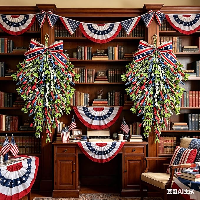 2 Pack 21'' Patriotic Teardrop Swag Wreaths for Cabinets Artificial 4th of July Swag Wreath with Red White Blue Floral and Berries for Independence Day Memorial Day Front Door Porch Window Wall Decor