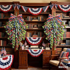 2 Pack 21'' Patriotic Teardrop Swag Wreaths for Cabinets Artificial 4th of July Swag Wreath with Red White Blue Floral and Berries for Independence Day Memorial Day Front Door Porch Window Wall Decor