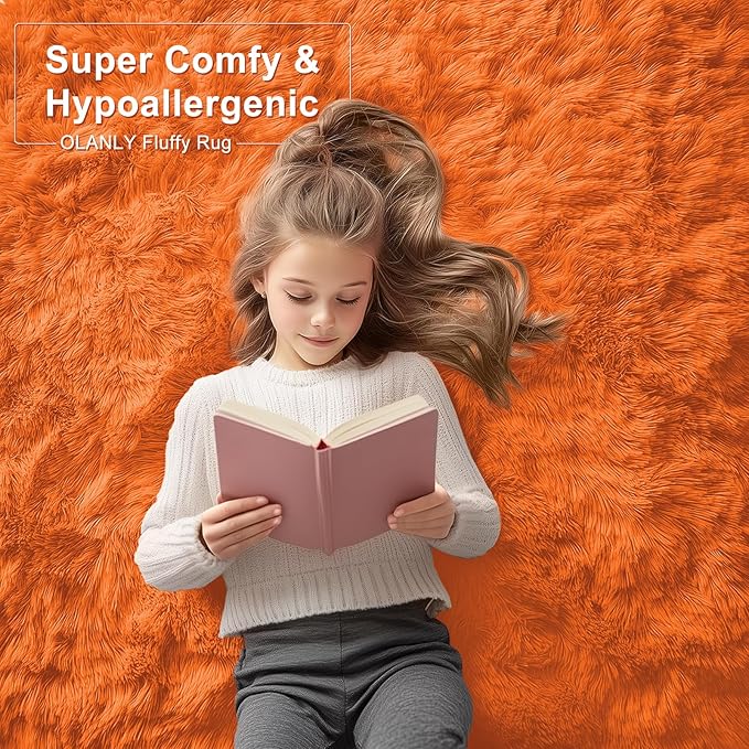 OLANLY 2x3 Machine Washable Small Bedside Rug, Soft Fluffy Shaggy Entryway Throw Rugs for Bedroom, Living Room, Indoor Floor Carpet for Kids Girls and Boys, Nursery Rooms, Home Decor Aesthetic, Orange