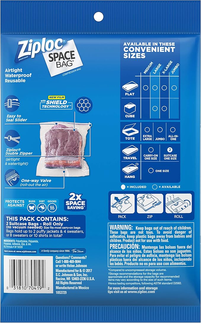 Ziploc Space Bag Clothes Vacuum Sealer Storage Bags for Home and Closet Organization, Travel, 2 Bags Total